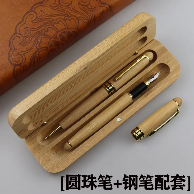 Bamboo Pen Box with Gel and Ballpoint Pens