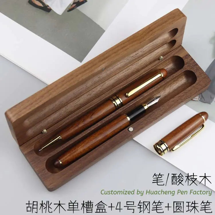 Walnut Wood Fountain Pen with Bamboo Gift Box Set