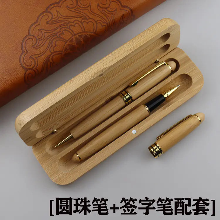 Bamboo Pen Box with Gel and Ballpoint Pens