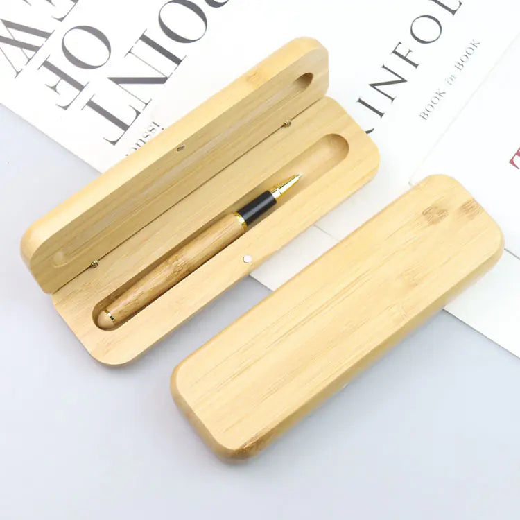 Bamboo Pen Box with Gel and Ballpoint Pens